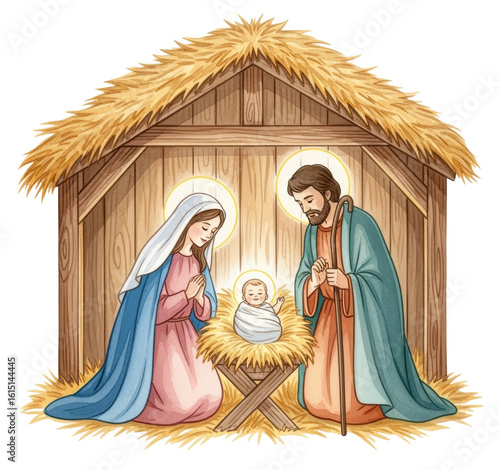 the holy nativity scene, a beautiful watercolor depiction