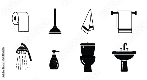 Vector silhouette illustration a collection of black bathroom essentials, including a plunger, toilet, towel, and soap dispenser, isolated on a white background