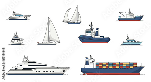 Collection of diverse maritime vessels and sailing crafts illustrated in a pixel art style for nautical themes and transportation concepts