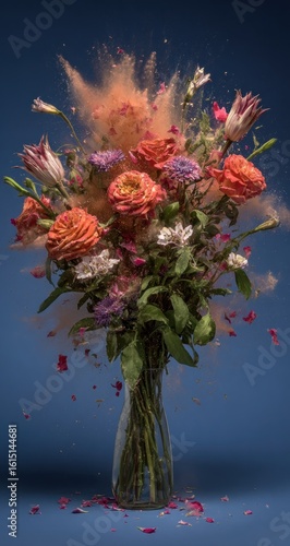 Floral explosion! Flowers burst from a vase, caught mid-explosion with a cloud of orange powder. The vibrant bouquet features roses, lilies and smaller blooms. On blue