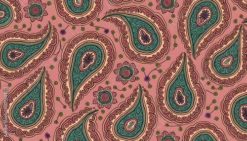 Colorful paisley pattern with floral accents on pink background
