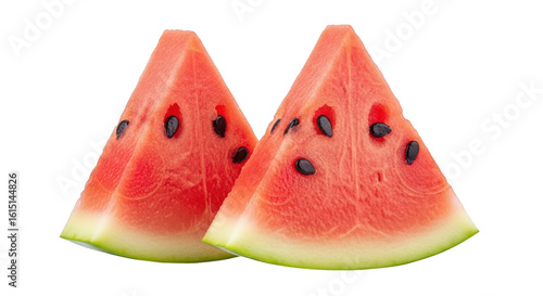 Two triangular slices of refreshing watermelon with black seeds are isolated on a transparent background