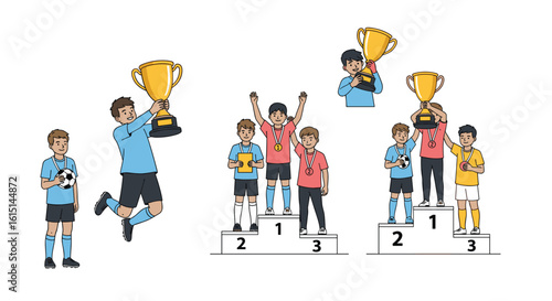 Childrens football team celebrating victory and winning trophies on the podium