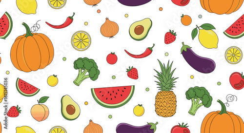 A whimsical pixelated pattern of fresh fruits and vegetables in a vibrant array