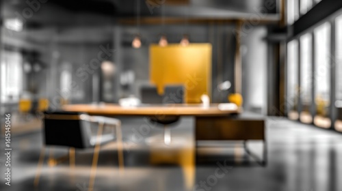 Blurred Modern Office Interior With Yellow Accents For Corporate Presentation Or Website Background And Marketing Materials