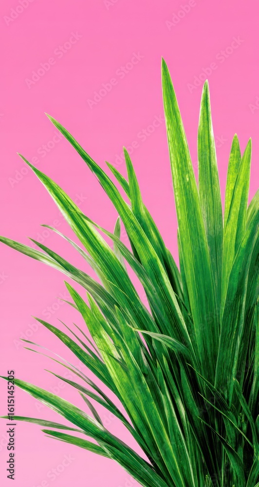 Fototapeta premium Vivid green grass blades diagonally against a gradient pink background. Sunlight highlights the texture of the leaves