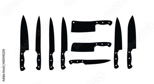 Set of sharp kitchen knives, including a chefs knife, cleaver, and paring knife, for culinary tasks - Vector silhouette illustration