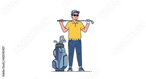 Pixel art golfer holding clubs over shoulders with golf bag standing next to him on white background