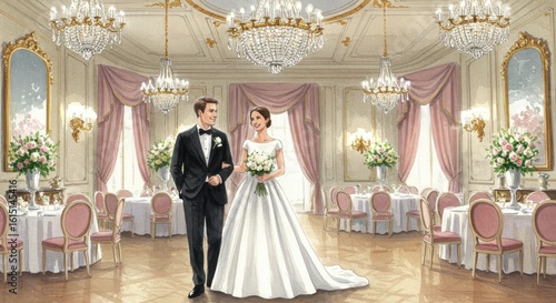 Elegant wedding reception illustration showcasing a refined couple in a ballroom setting