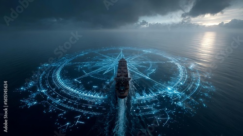 A ship sailing on a digital data ocean, with an AI compass guiding it toward its destination Data Science and Analytics Business Intelligence and Strategy