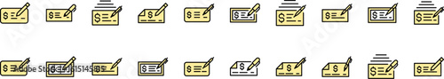 Collection of Filled Color Icons of Bank Check. Minimalistic Linear Pictogram for Web and Graphic Design, Apps, Banners, Social Network and Cards