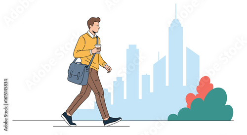 A man in casual clothing walks down a city street holding a coffee cup and a bag with skyscrapers in the background
