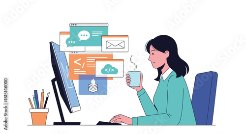 Skilled software developer working efficiently on a computer enjoying a hot beverage during a productive workday