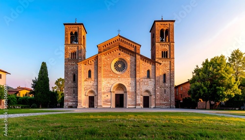 Ancient architecture Basilica di San Zeno Maggiore in Verona with bell towers illuminated under