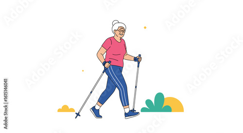 Active senior woman enjoys health benefits of nordic walking outdoors on a sunny day