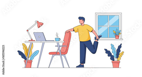 Man doing a quad stretch while taking a break from working on his laptop at a desk with plants and a window in the background