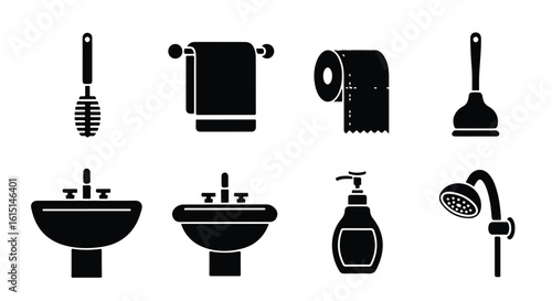 Vector silhouette illustration a collection of bathroom icons including a towel, toilet paper, sink, and soap dispenser