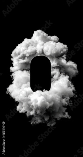 Ethereal Portal. A dark, arched doorway floats in a cloud of fluffy white smoke or cotton, against a stark black background. Dramatic lighting and texture create a surreal, dreamlike image