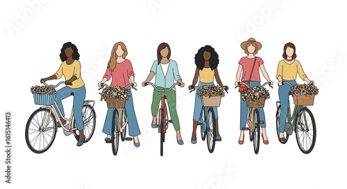Diverse group of women enjoying a bicycle ride together outdoors on a sunny day