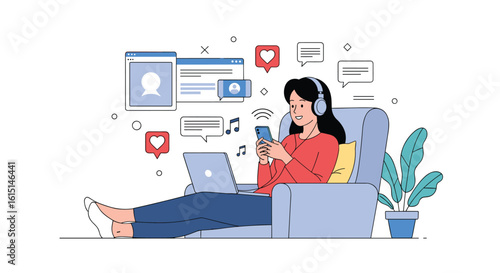 Young woman enjoying music and social media on her phone while relaxing on a comfortable sofa with a laptop nearby