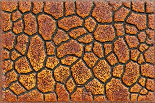 Terracotta-colored, patterned paving stones with a cracked, segmented design