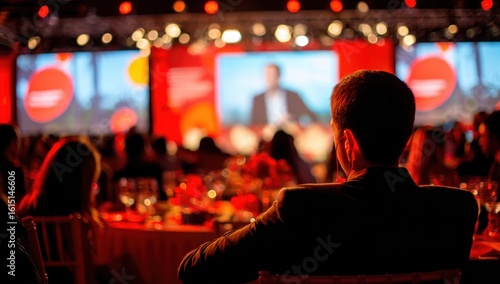 Attendee in a dark suit views a stage with large screens showing a speaker, amid a blurry crowd at tables with floral arrangements under stage lights