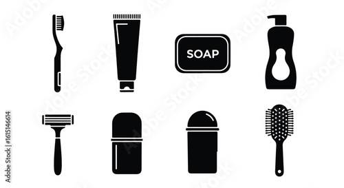 Vector silhouette illustration personal hygiene and bathroom icons such as toothpaste, soap, deodorant, and a trash can