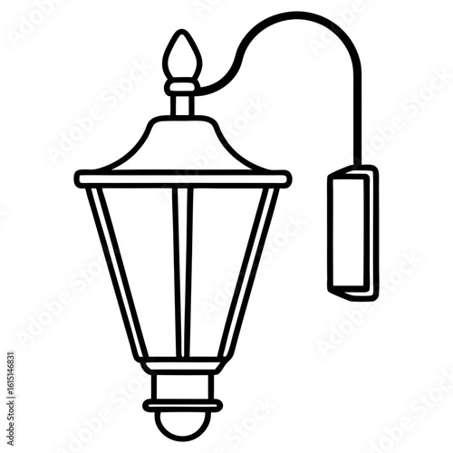 A black and white outline drawing of a vintage outdoor wall lamp