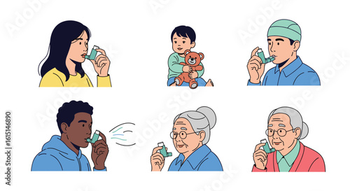 Asthma inhaler usage across diverse age groups and genders demonstrating common respiratory treatment