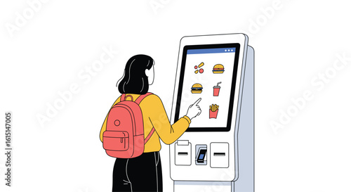Person using a digital interactive touch screen kiosk for ordering food at a restaurant establishment