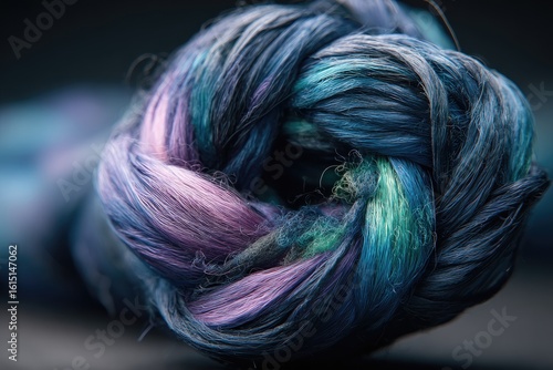 Close-up of a knotted, vibrant multi-colored thread bundle