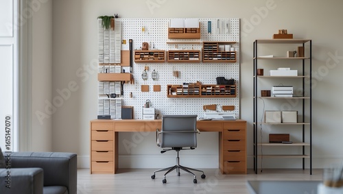 Modern Organized Home Office Workspace with Pegboard Wall and Minimalist Desk
