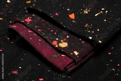 Close-up of black fabric with colorful paint splatters, focus on a dark burgundy colored rolled-up hem