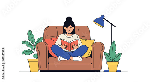 Cozy evening with a book and a warm drink in a comfortable armchair surrounded by plants and soft lighting