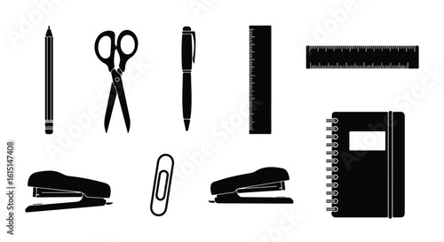 Vector silhouette illustration a collection of black silhouette stationery and office supplies, including scissors, a pen, ruler, stapler, and paperclip