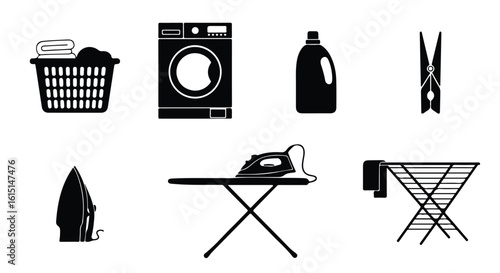 Vector silhouette illustration a washing machine, bottle of detergent, and iron on an ironing board represent laundry day
