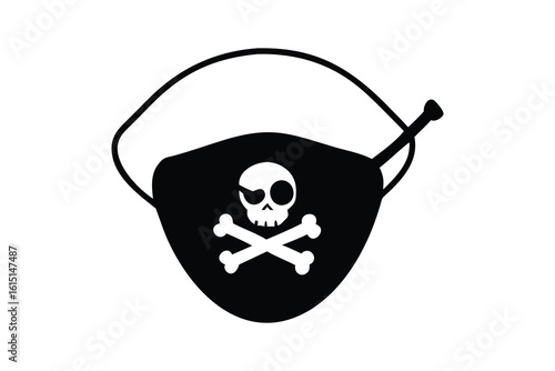 Black pirate eye patch with skull and crossbones symbol silhouette isolated on white background