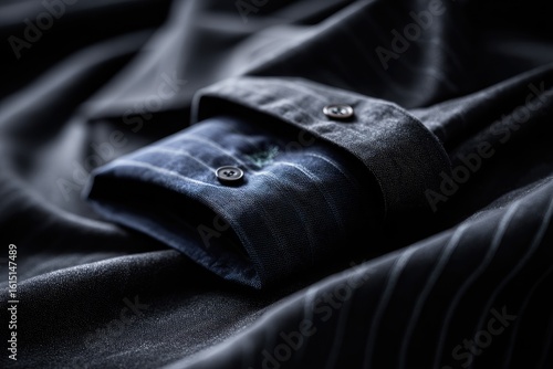Close-up of a shirt's dark-colored cuffed sleeve