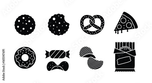 Vector silhouette illustration a variety of snacks including a cookie, pretzel, candy, and potato chips