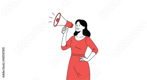 A woman in a red dress holding a megaphone and announcing something important to a crowd of people attentively listening to her words with great interest and enthusiasm