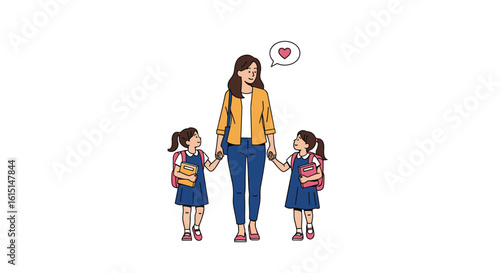 A mother walks her two daughters to school holding hands and sharing a happy moment together
