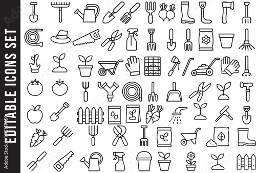 Editable Line Art Icon Set of Gardening Tools and Plants