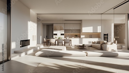 Luxurious Modern Open-Concept Living Room and Kitchen with Minimalist Interior Design bathed in Natural Light