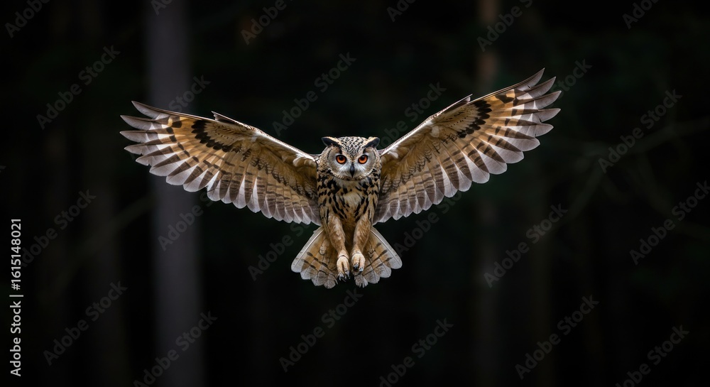 Fototapeta premium Majestic eurasian eagle owl soaring in the night sky with outstretched wings