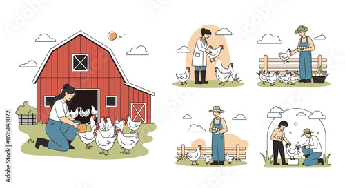 Illustrations depicting daily life on a small farm with a red barn and various animals and people engaged in farm activities