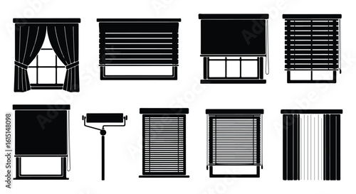 Vector silhouette illustration various types of window blinds and shutters, showcasing different styles for interior design