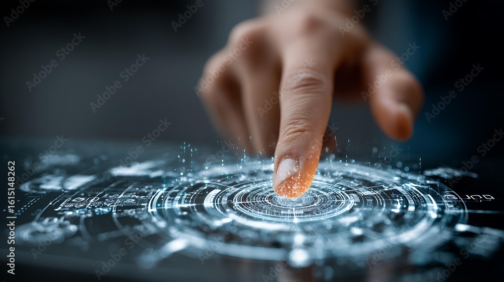 Naklejka premium A human hand guiding a glowing AI cursor across a complex system diagram, showing intuitive control. Enterprise AI Solutions Smart Automation and Industry 4.0