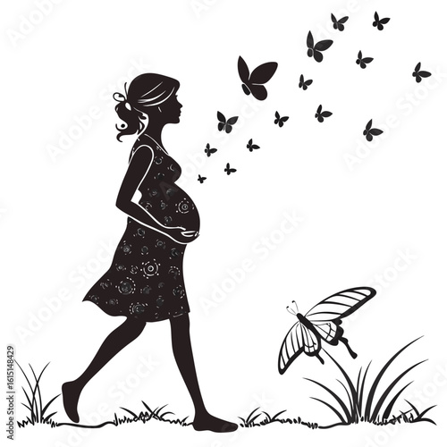Vector art of silhouette of a pregnant woman walking with butterflies