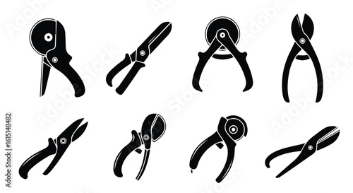 Vector silhouette illustration a collection of four different types of cutting tools and pliers, all in black silhouette