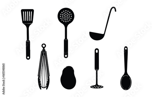 Vector silhouette illustration a set of black kitchen utensil icons, including a skimmer, ladle, tongs, and potato masher, isolated on white